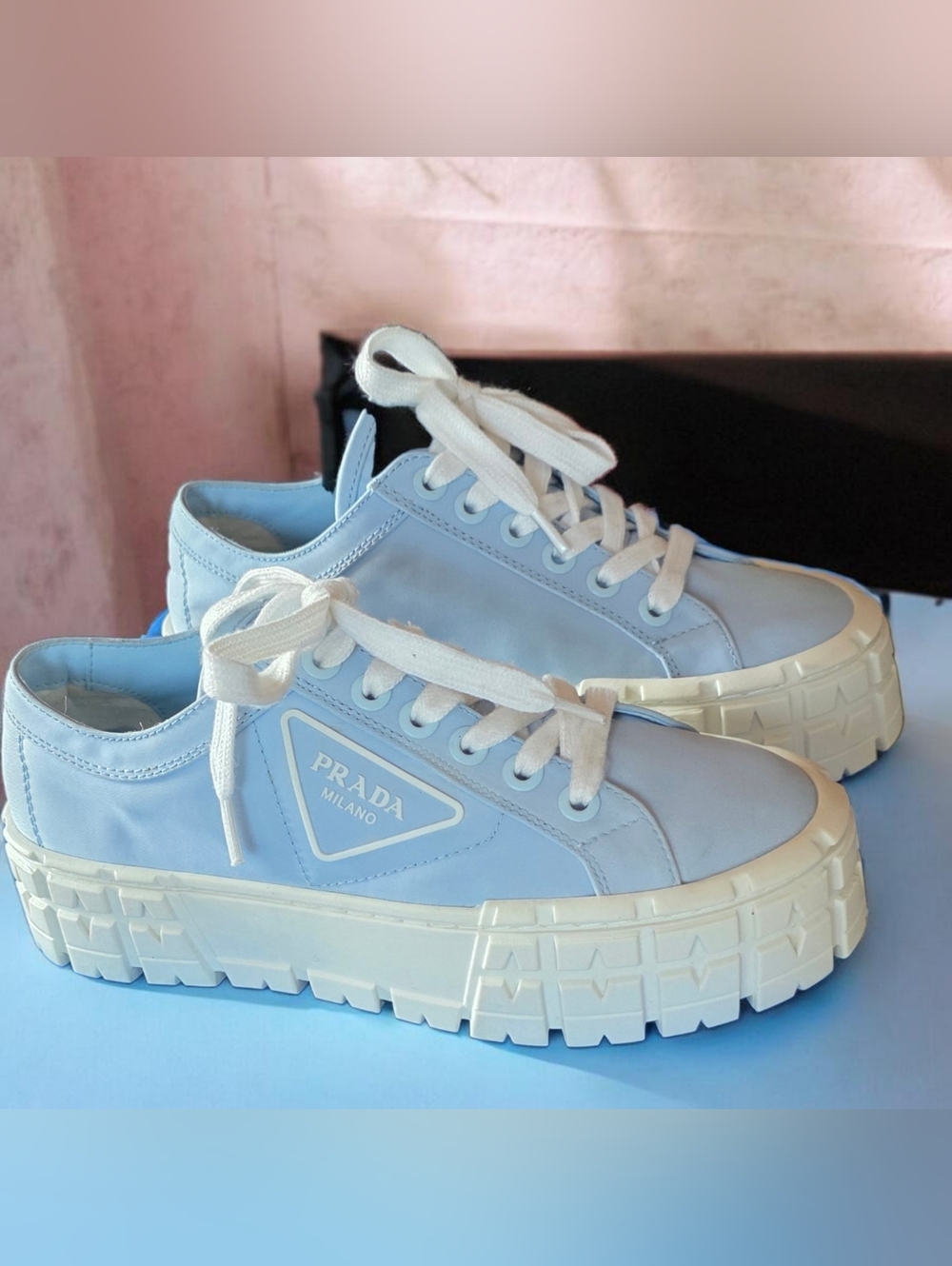 PRADA CIELO (38/8) Blue Nylon Flat Low Top Trainer White Platform Lug Sole Sneak